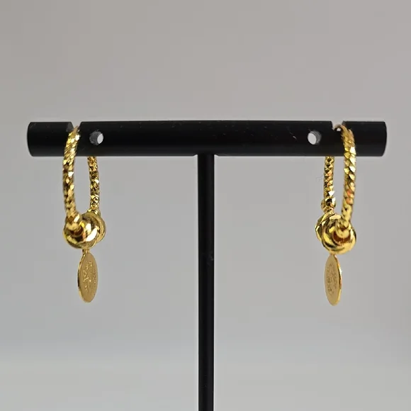 Vintage Dangle Hoop Earrings — Textured Beads & Coin Charms - Picture 2 of 5